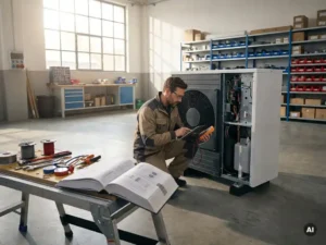 Technicus onderzoekt aandachtig moderne warmtepomp in goed verlichte werkplaats met gereedschap, handleidingen en zonlicht.