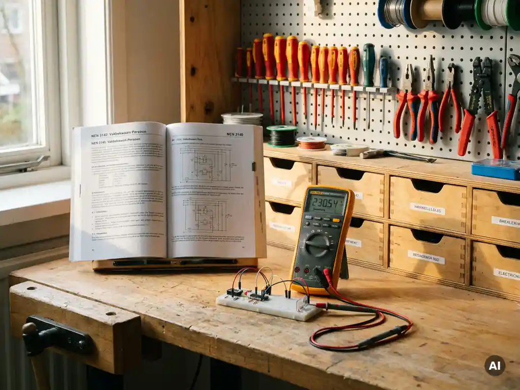 Netjes georganiseerde werkbank met elektrische gereedschappen, NEN 3140 handleiding, multimeter meet circuit, warm middaglicht.