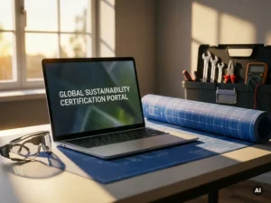 Moderne werkplek met open laptop op certificeringsportaal, veiligheidsbril, blauwdruk zonnepaneel en gereedschapskist in zonlicht.