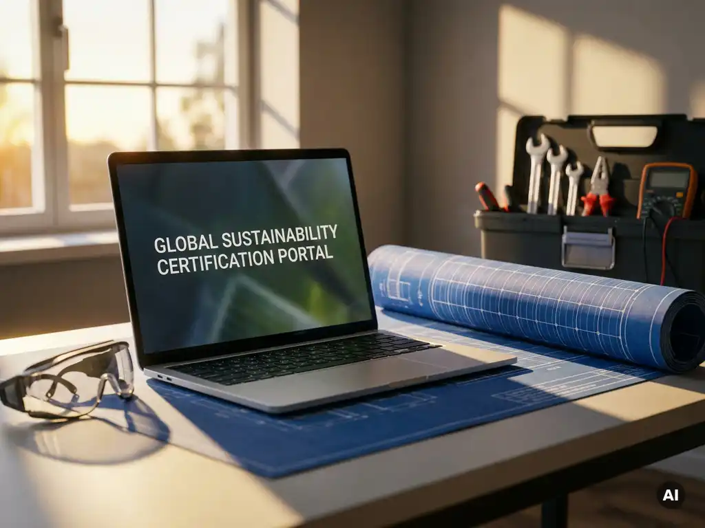 Moderne werkplek met open laptop op certificeringsportaal, veiligheidsbril, blauwdruk zonnepaneel en gereedschapskist in zonlicht.