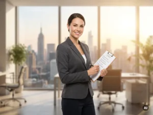 Zelfverzekerde professional in een zakelijk pak met checklist in moderne kantooromgeving, stad op de achtergrond.