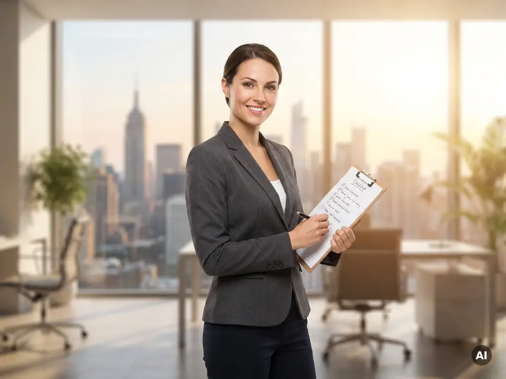 Zelfverzekerde professional in een zakelijk pak met checklist in moderne kantooromgeving, stad op de achtergrond.